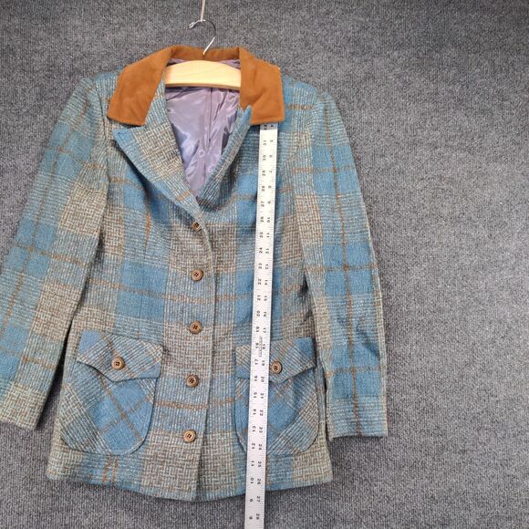 Four Corners Button Blazer Wool Coat Actual 32x26.5 Blue Gray Plaid Front Pocket - Picture 9 of 11
